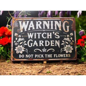 Warning Witch's Garden Metal Tin Sign 12x8 Vintage Gothic Decor